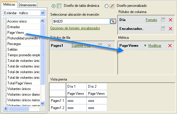 Captura de pantalla que muestra el Asistente para solicitudes: Paso 2 con una flecha que señala desde la lista de métricas a la sección de vista de página deseada.