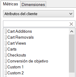 Captura de pantalla que muestra atributos del cliente de métricas y dimensiones.