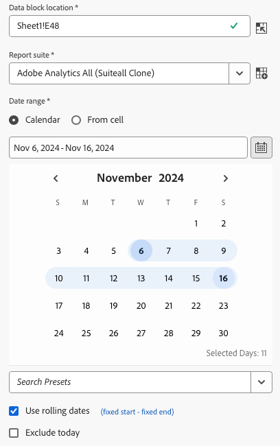 Panel de intervalo de fechas de Report Builder que muestra el calendario, la fecha de finalización y la fecha de inicio seleccionada.