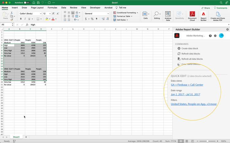 Panel de segmentos de edición rápida que muestra las opciones de segmentos para los grupos de informes, el intervalo de fechas y los segmentos.