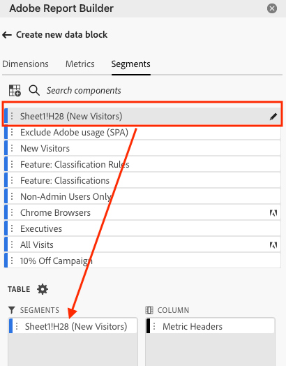 Ficha Segmentos que muestra el segmento Hoja1!J1(Todos los datos) agregado a la tabla.