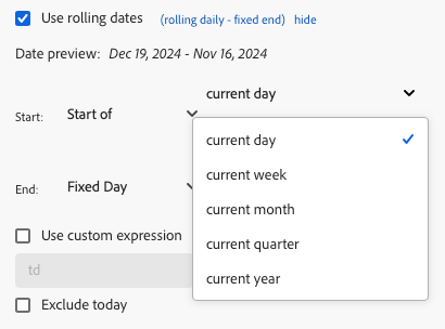 Panel de intervalo de fechas de Report Builder que muestra el día actual seleccionado.