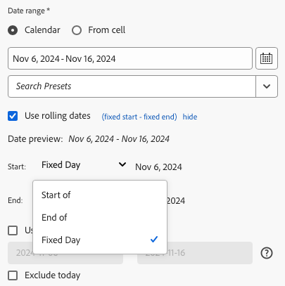 Panel de intervalo de fechas de Report Builder que muestra Usar fechas móviles seleccionadas y la expresión móvil.