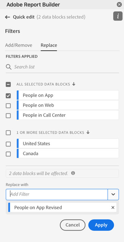 La ficha Reemplazar con el bloque de datos Personas en la aplicación seleccionado y la lista Reemplazar con actualizada muestran Personas en la aplicación revisada.