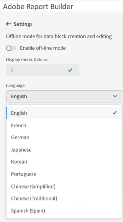 Panel de intervalo de fechas de Report Builder que muestra la lista Idioma con el inglés seleccionado.