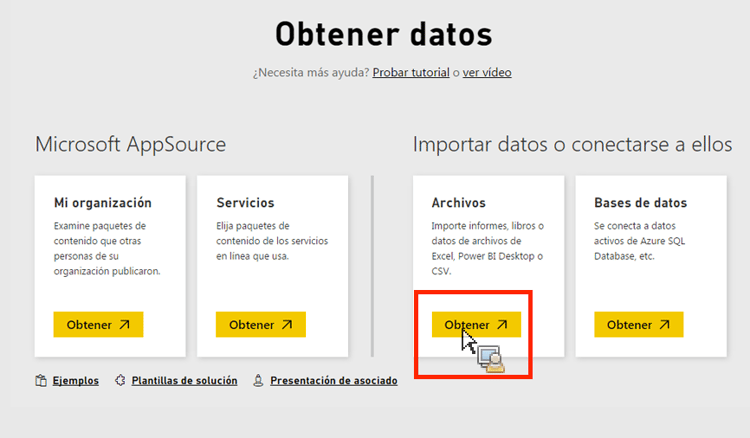 Haga clic en el icono Obtener en Importar o Conectar a datos.