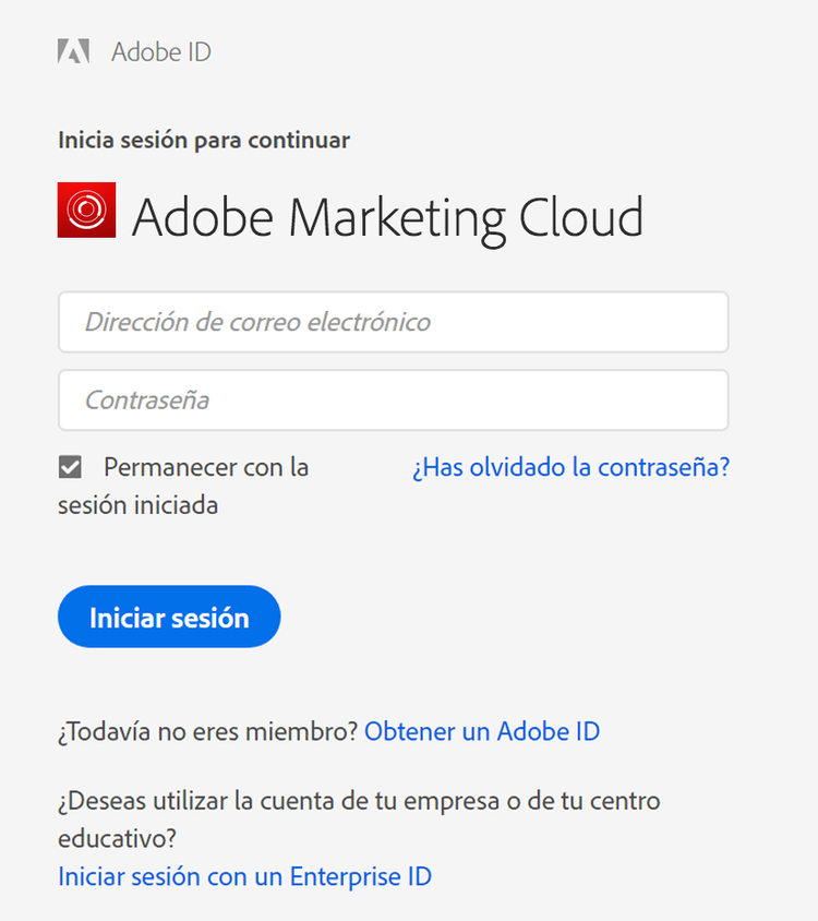 Captura de pantalla que muestra la ventana de inicio de sesión de Adobe Experience Cloud con las opciones para iniciar sesión con o sin su Adobe ID