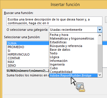 Captura de pantalla que muestra la ventana Insertar función con la lista de categorías expandida.