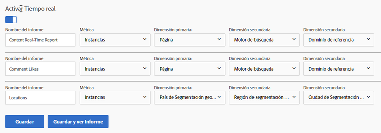 Configuración de informes en tiempo real