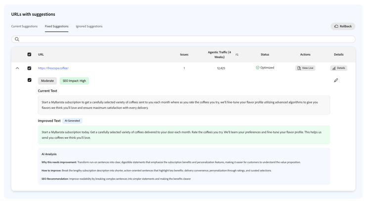 Se han corregido sugerencias con la fila implementada expandida, el estado optimizado y la reversión en el encabezado