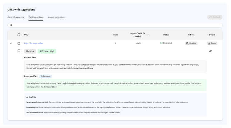 Pestaña Sugerencias fijas con estado optimizado, copia simplificada expandida, Ver activo y Detalles