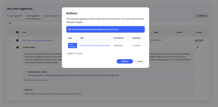 Sugerencias de cuadro de diálogo de reversión para revertir