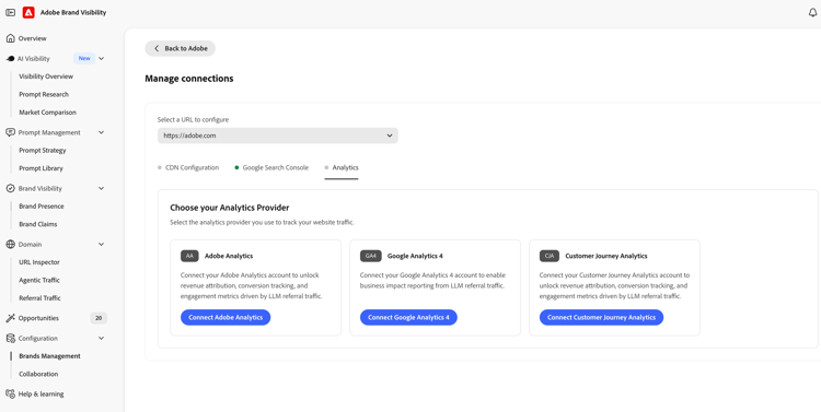 Selector de proveedor de Analytics en la administración de marcas con Adobe Analytics, Google Analytics 4 y Customer Journey Analytics