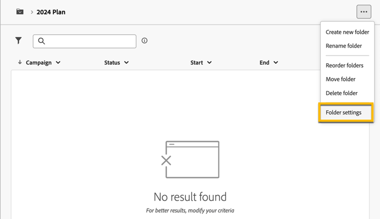 Captura de pantalla que muestra la configuración de la carpeta de un plan
