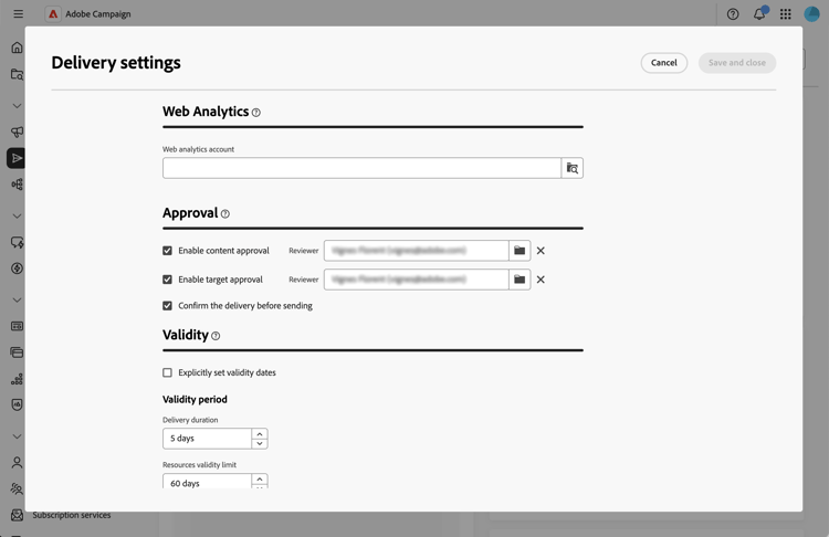 Captura de pantalla que muestra la configuración de aprobación de la campaña