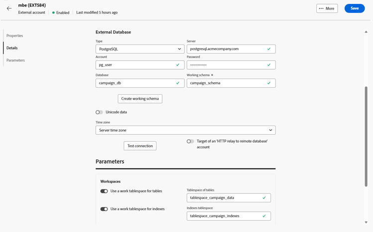Captura de pantalla que muestra los campos de configuración de cuenta externa de PostgreSQL.