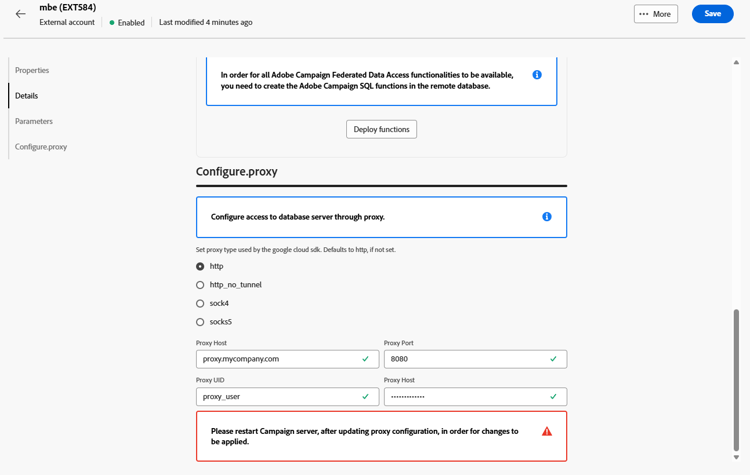 Captura de pantalla que muestra los campos de configuración de cuenta externa de Google BigQuery.