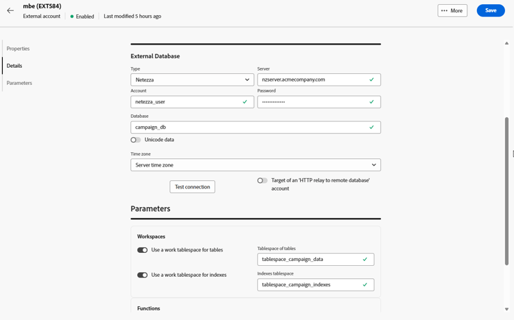 Captura de pantalla que muestra los campos de configuración de cuenta externa de Netezza.