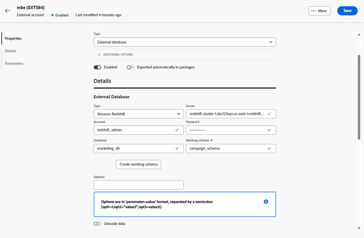 Captura de pantalla que muestra los campos de configuración de cuenta externa de Amazon Redshift.