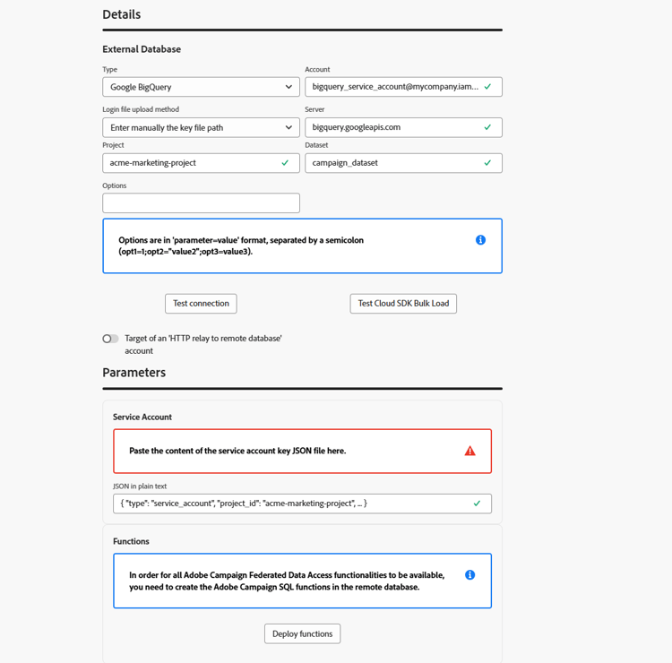Captura de pantalla que muestra los campos de configuración de cuenta externa de Google BigQuery.