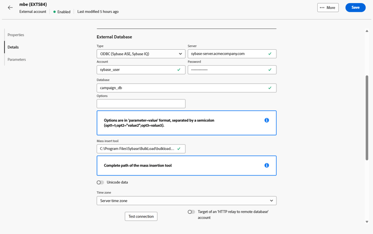 Captura de pantalla que muestra los campos de configuración de cuenta externa ODBC.