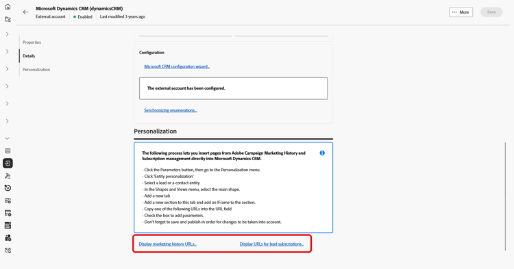 Captura de pantalla que muestra los campos de configuración de cuenta externa de Microsoft Dynamics CRM.