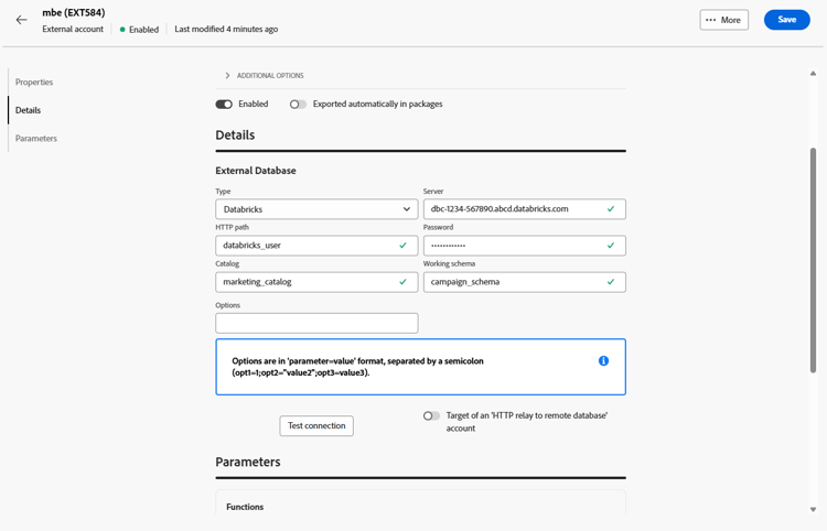 Captura de pantalla que muestra los campos de configuración de cuenta externa de Databricks.