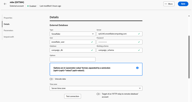 Captura de pantalla que muestra los campos de configuración de cuenta externa de Snowflake.