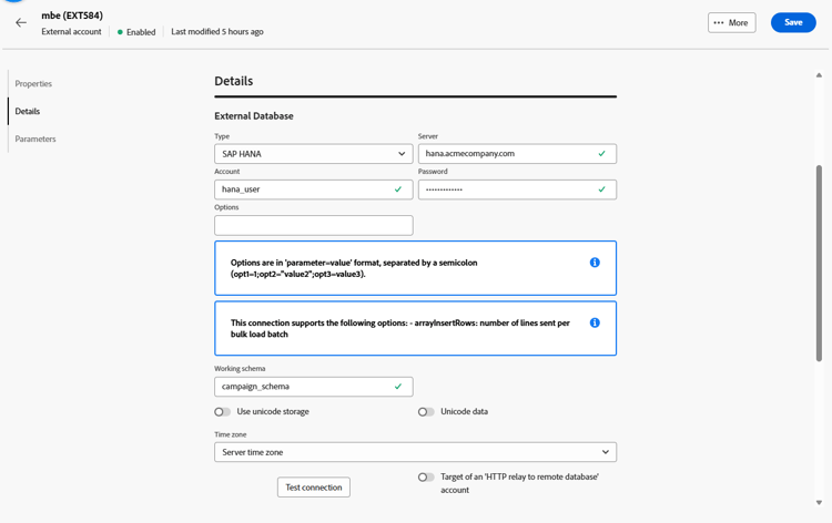 Captura de pantalla que muestra los campos de configuración de cuenta externa de SAP HANA.