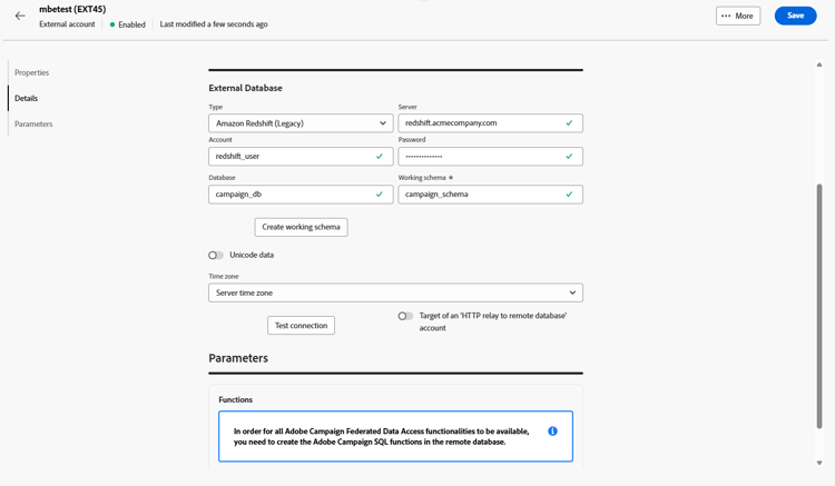 Captura de pantalla que muestra los campos de configuración de cuenta externa Amazon Redshift (heredada).