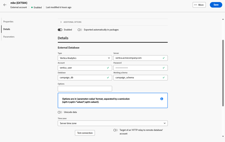 Captura de pantalla que muestra los campos de configuración de cuenta externa de Vertica Analytics.