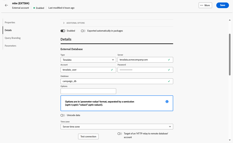 Captura de pantalla que muestra los campos de configuración de cuenta externa de Teradata.