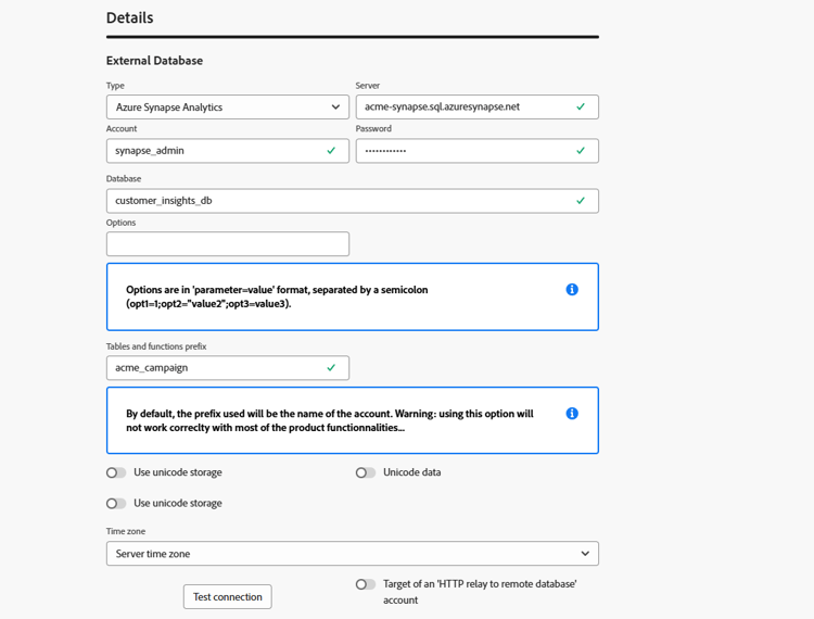 Captura de pantalla que muestra los campos de configuración de cuenta externa de Azure Synapse Analytics.