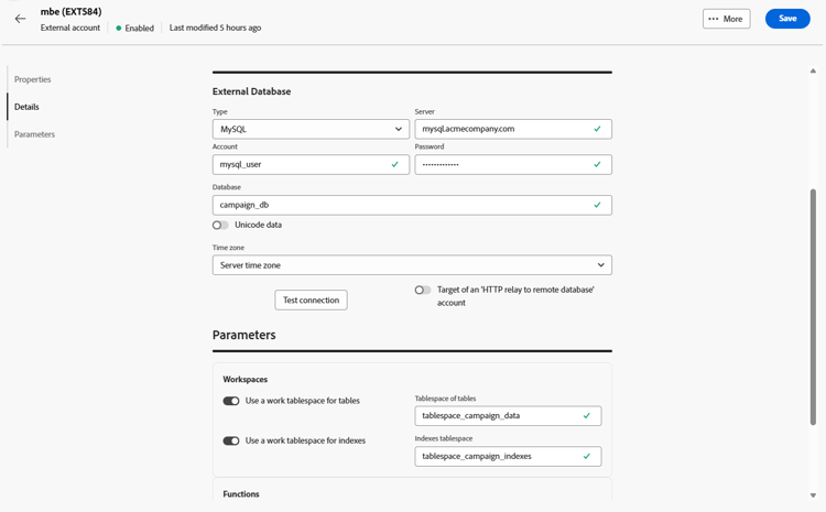 Captura de pantalla que muestra los campos de configuración de cuenta externa de MySQL.