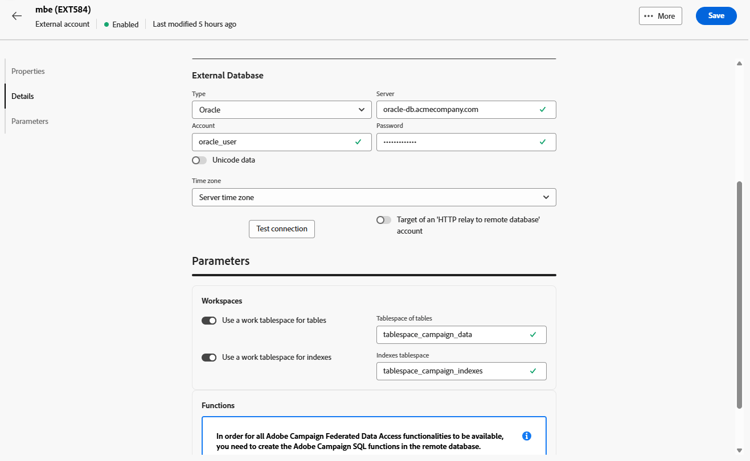 Captura de pantalla que muestra los campos de configuración de cuenta externa de Oracle.