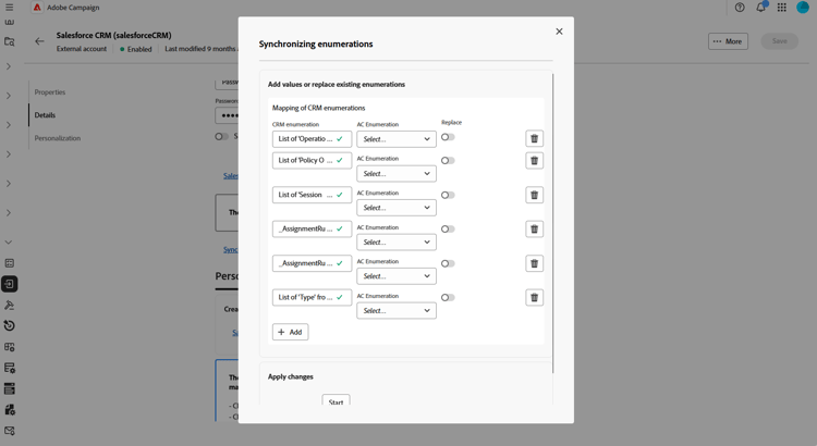 Captura de pantalla que muestra los campos de configuración de cuenta externa de Salesforce CRM.