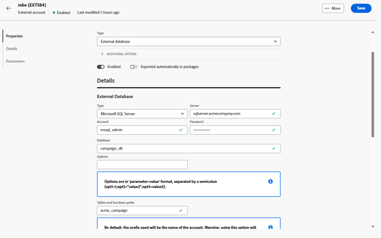 Captura de pantalla que muestra los campos de configuración de cuenta externa de Microsoft SQL Server.