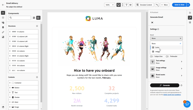 Menú del asistente de IA con la lista desplegable de Marca