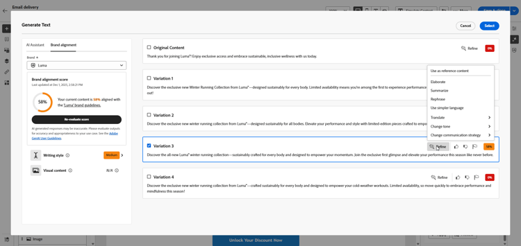 Captura de pantalla que muestra las opciones de refinamiento en Adobe Campaign Web