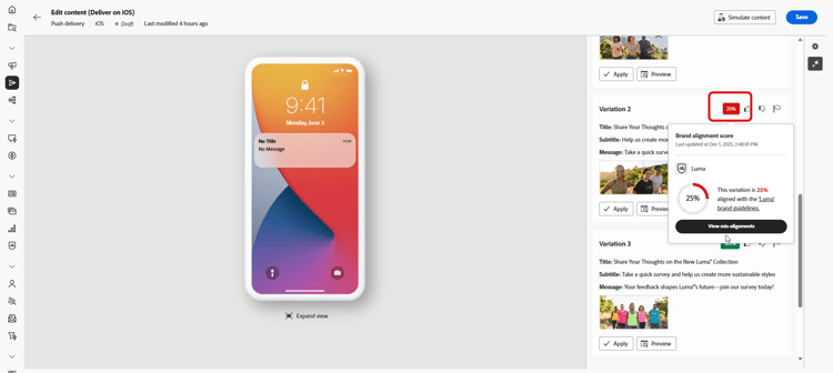 Variaciones de notificaciones push generadas con puntuación de alineación de marca