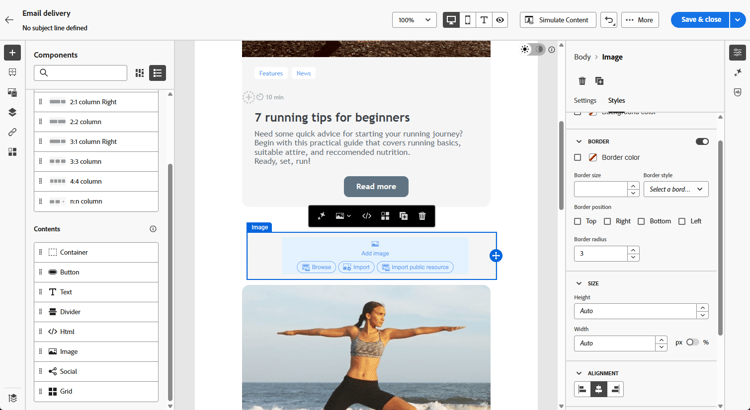 Captura de pantalla que muestra las opciones para los componentes de imagen en el correo electrónico Designer.