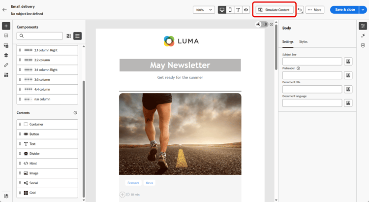 Captura de pantalla que muestra las opciones de simulación en el Designer de correo electrónico.