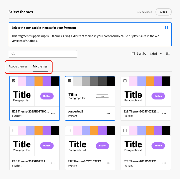 Seleccionar cuadro de diálogo de temas compatibles con las fichas de temas de Adobe y Mis temas
