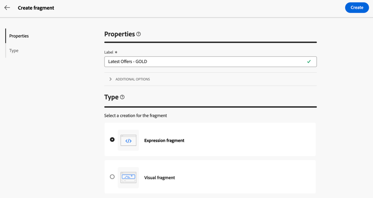 Pantalla de creación de fragmentos que muestra la selección de tipo