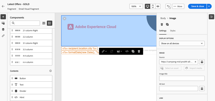 Pantalla de Designer de correo electrónico para fragmentos visuales