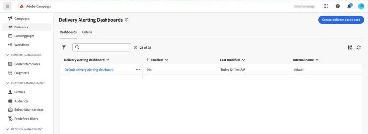 Captura de pantalla que muestra la lista de paneles de alertas en el menú Alerta de entrega.