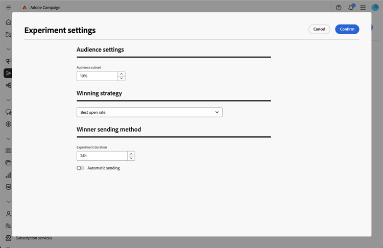 Captura de pantalla que muestra la configuración del experimento