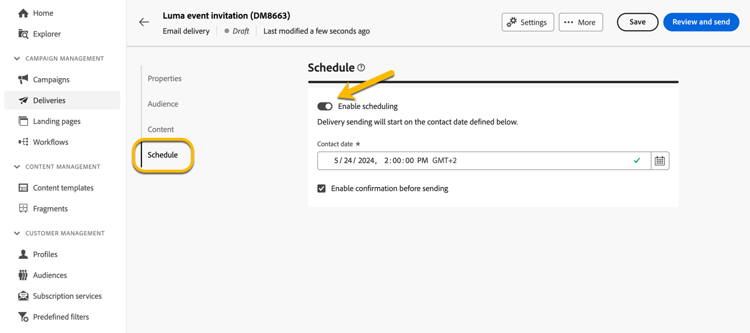 Activar programación y establecer fecha y hora
