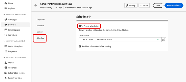 Activar programación y establecer fecha y hora