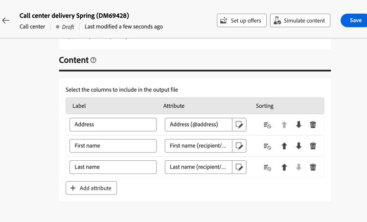 Captura de pantalla que muestra las opciones de configuración de atributos para el archivo de extracción.